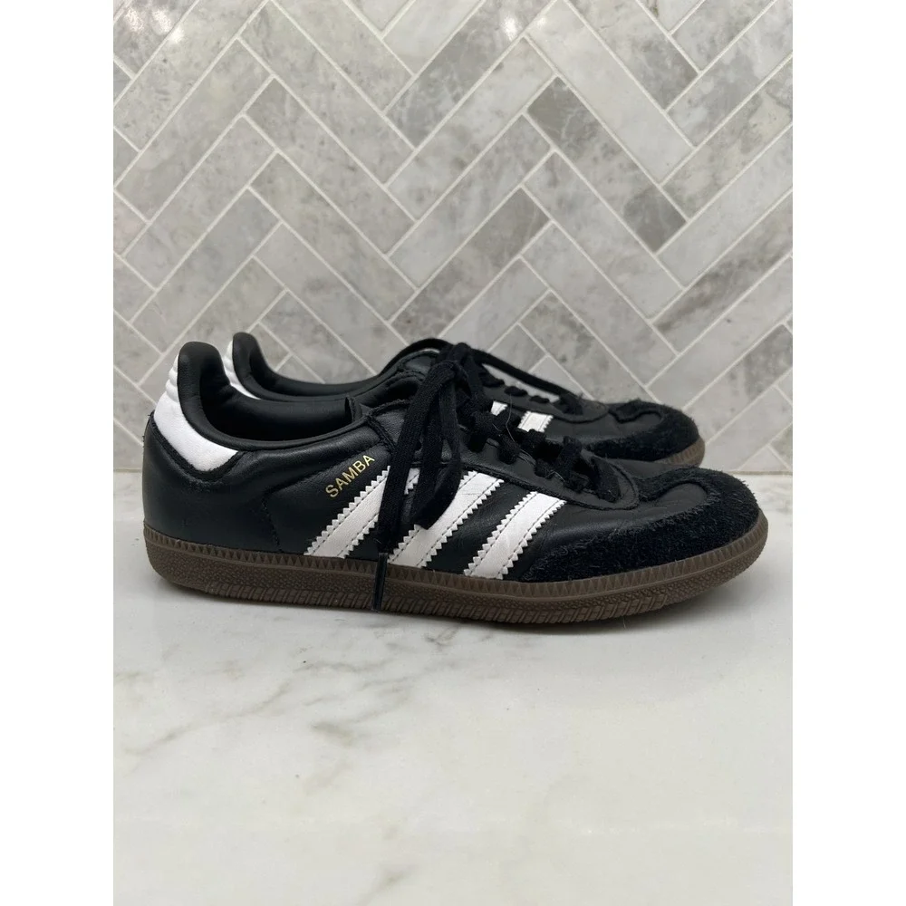 Adidas Samba‎ OG Sneakers Mens Size US 4 Black Leather Classic Lace Up Shoes